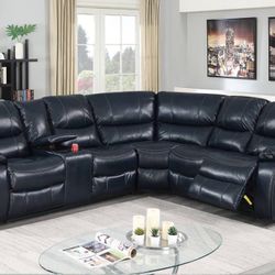 NEW PLUSH DARK BLUE LEATHER POWER RECLINING SECTIONAL SOFA