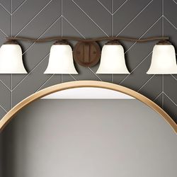 New Vanity Light - 4 Lights, Bronze, About 32” Long X 6.25” High, Satin Etched Glass Shades