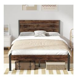 Full Bed Frame, Metal Full Bed Frame, All-Metal Support System, Rustic Brown with Headboard and Footboard, with Under Bed Storage, No Box Spring Neede