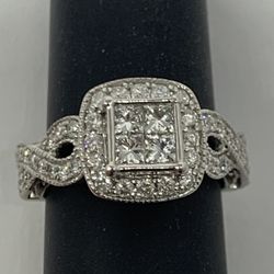 1.25 TCW princess and round diamond ring in solid 14 K white gold size 5