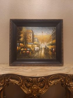 Framed Paris Street Scene Oil Painting