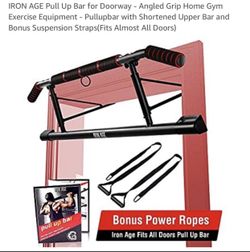 IRON AGE Pull Up Bar for Doorway - Angled Grip Home Gym Exercise Equipment - Pullupbar with Shortened Upper Bar and Bonus Suspension Straps(Fits Almos