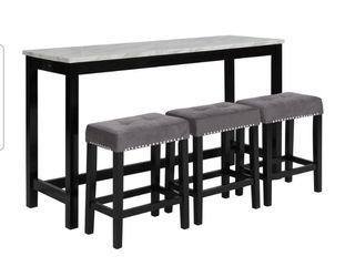 NIB -  Beautiful Theater / Sofa Table with 3 Barstools with Silver Studs - Table Top looks like Carrara Marble 