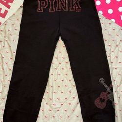 LIKE NEW VINTAGE VICTORIA'S SECRET PINK LOGO BLING GUITAR DRAWSTRING SWEATPANTS SIZE MEDIUM M