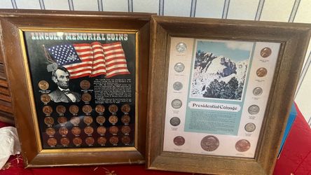 Two vintage framed coins Lincoln memorial coins and presidential Coinage