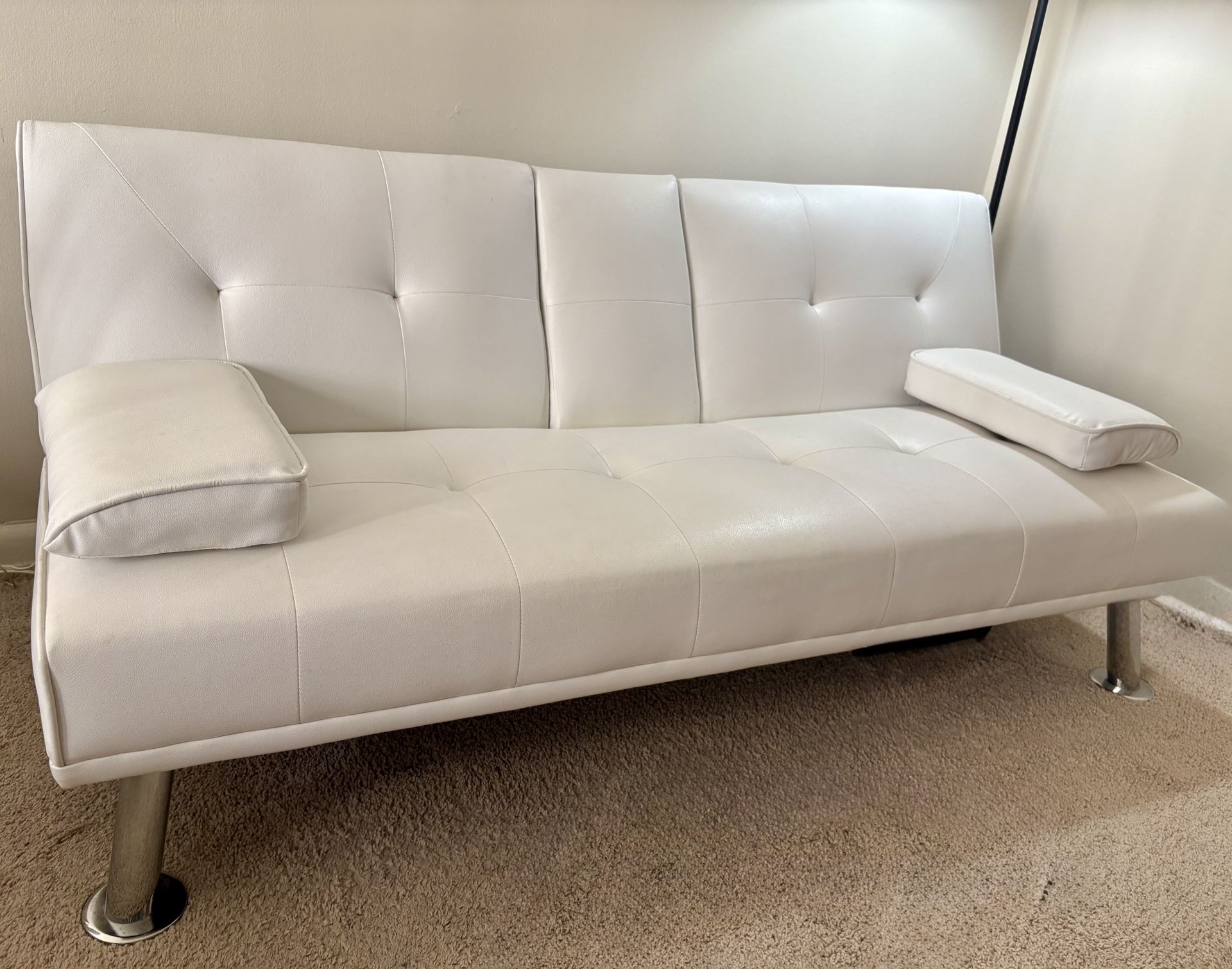 $50 White Leather Couch - Lightly Used | Cup Holders | Bed Combo
