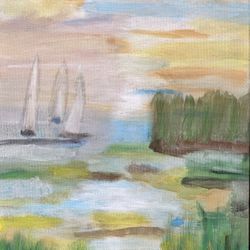 Sailboats At Sea Painting Art 8x10