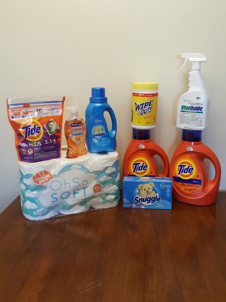 Household bundle. Everything you See On The Picture. 9 Items $35.00. Tide Original Liquid 92oz, Tide Pods 16ct, Snuggle Dryer Sheets,  Bathroom Tissue