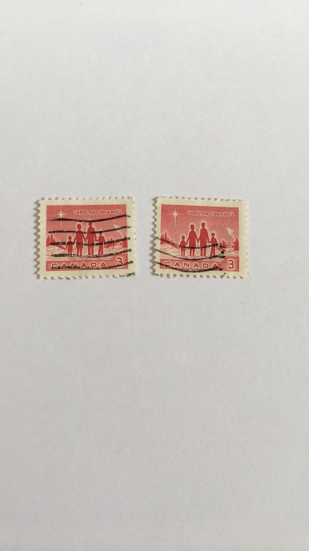 Two 3 Cent 1964 Canada Christmas Postage Stamps