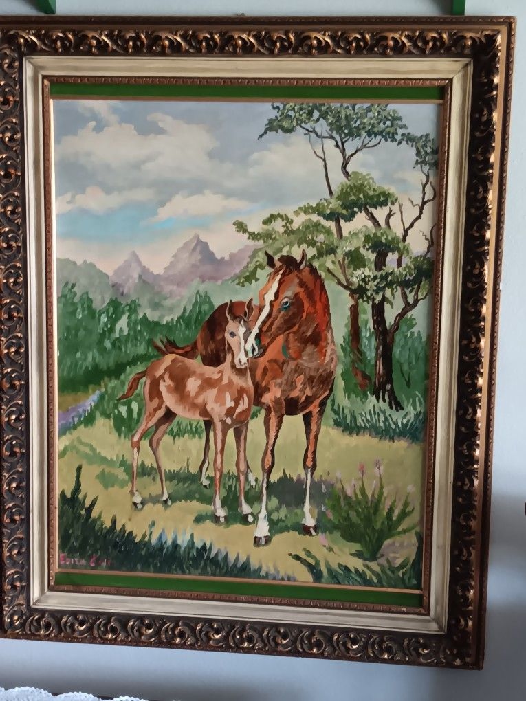 Mid-century Mother And Fawn Horse Oil Painting 39x31