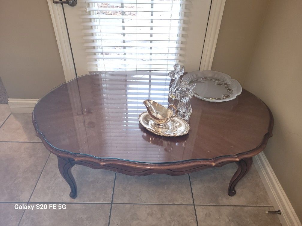 Large Wooden Coffee Table With Glass Top