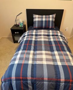 IKEA Twin Bed Frame + Nightstand + IKEA Mattress + Free Bedding