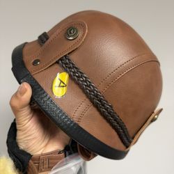 Motorcycle Leather Half Helmet German Style Open-Face Helmet Fit for Cruiser Moped Scooter ATV Adult Men & Women Street Jet Helmet with Goggles 