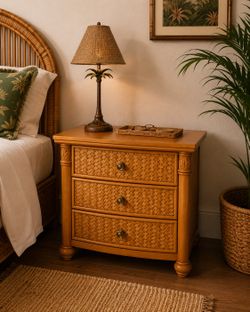 Coastal Rattan Nightstand – 3 Drawer Wicker Bedside Table