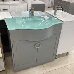 36” Bathroom Vanity Cabinet New Solid Wood Fully Assembled Softclose Doors Tempered Glass Top Sink Integrated Ready For Pick Up Today