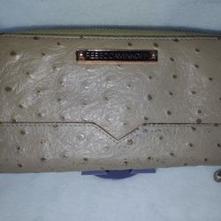 Rebecca Minkoff Ostrich Bifold Zip Around  Women's Wallet Tan Holiday, Christmas Gift. Shopping Made Easy 