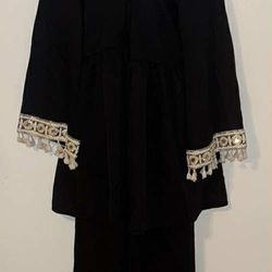Elegant 2pc pant/shirt set Black with beautiful Bahamian Tassel Fringe Trim Islamic