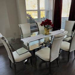 Elegant 8ft Glass Dining Table with Luxe White Leather Chairs – Modern & Stylish!