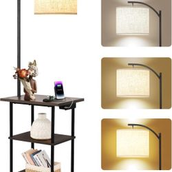 PESRAE Floor Lamp with Table, End Table with Charging Station(USB & Type-C & AC Port), 3 Color Temperatures 9W LED Bulb, Modern Shelves Side Table for