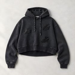 Washed Black Cropped Hoodie with Embellished Patches