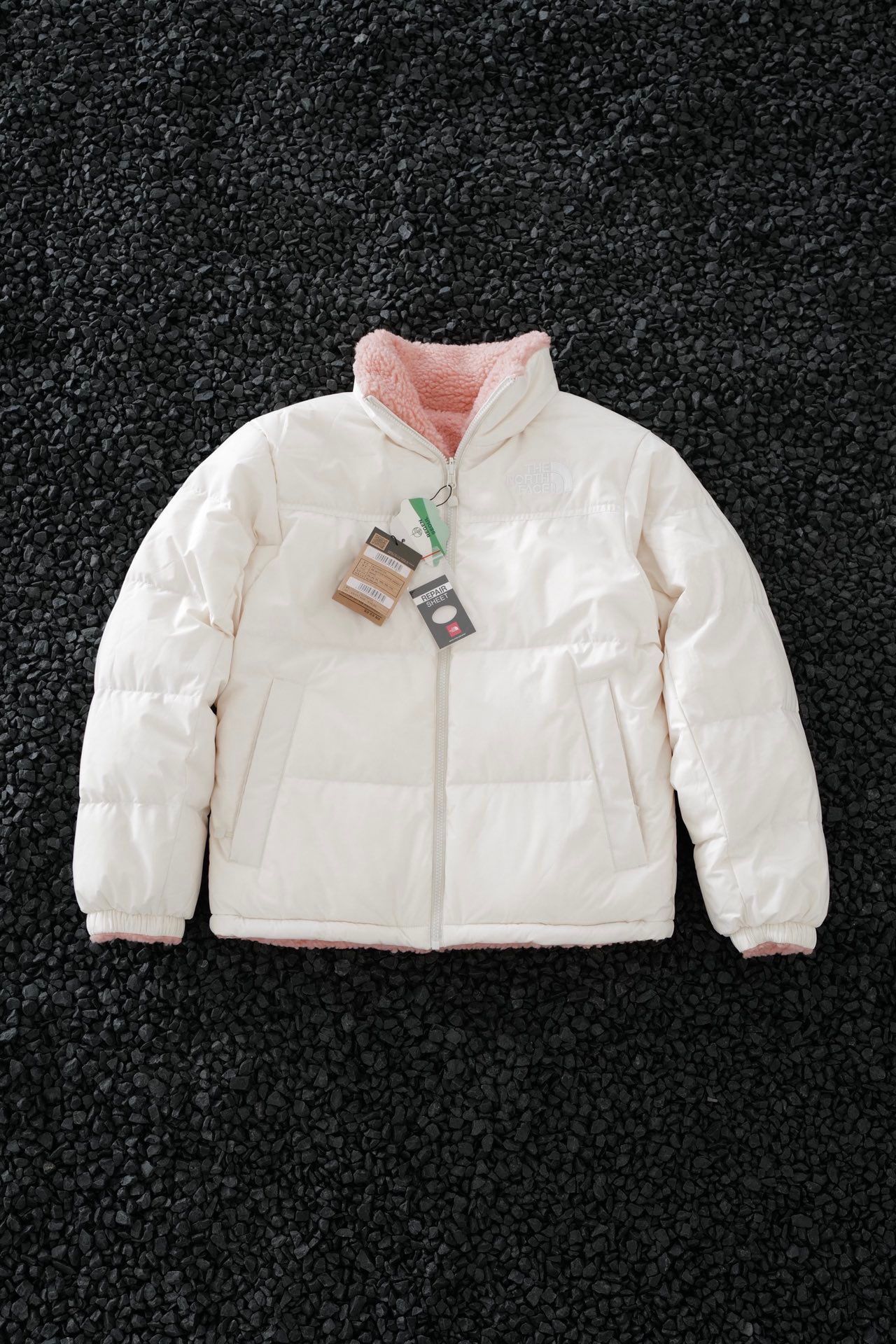 The North Face Reversible Pink White Be Better Fleece Down Jacket Small Unisex