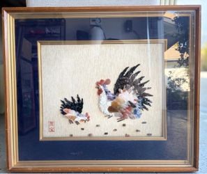 Framed Gemstone Rooster and Chick Art