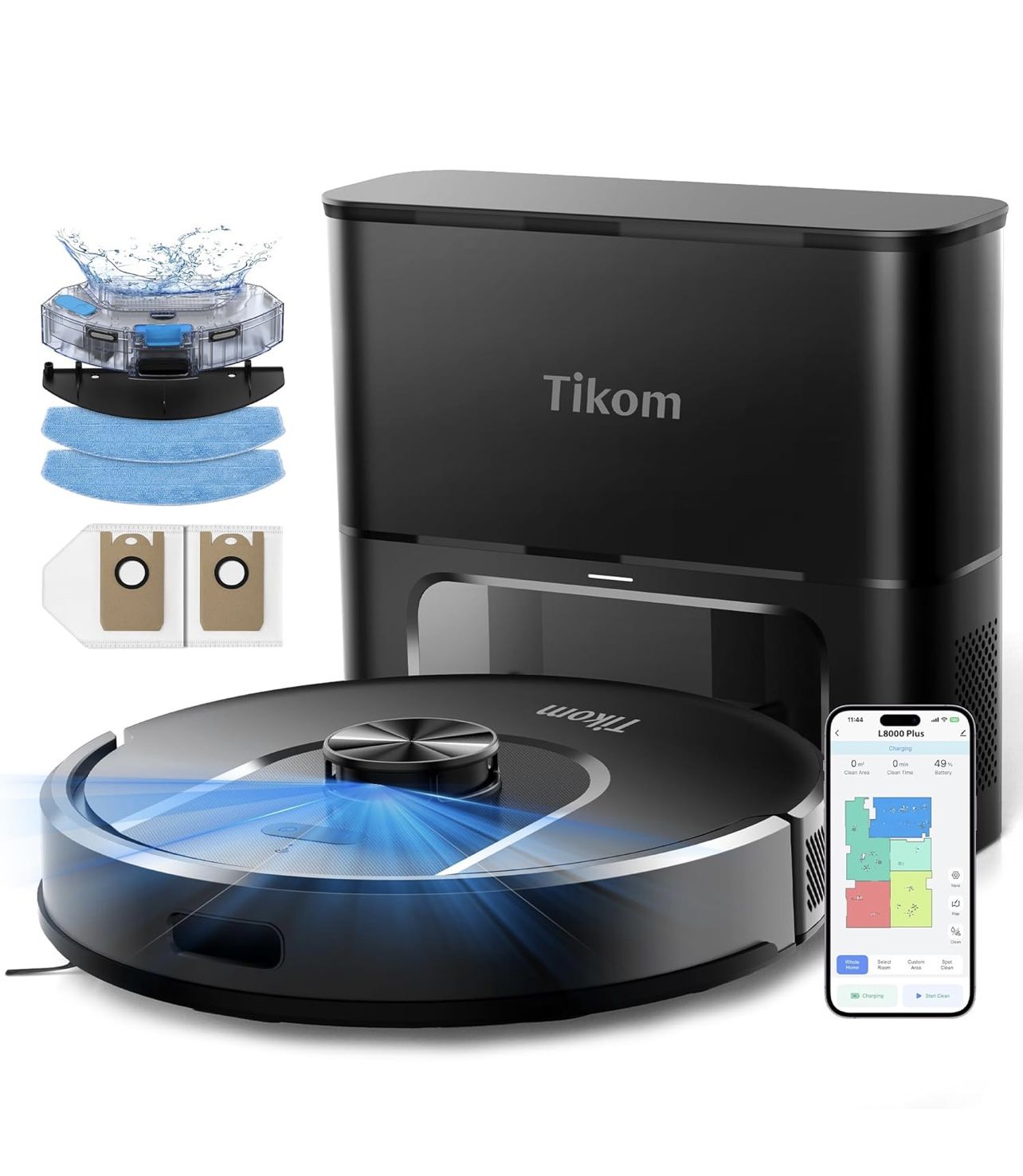 Tikom Robot Vacuum and Mop, 6000Pa Robotic Vacuum Cleaner with Self-Emptying Base, 90 Days Capacity, LiDAR Navigation, Home Mapping, Ideal for Pet Hai
