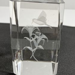 Hummingbird And Flowers Laser Etched Glass Paperweight Holographic 3D