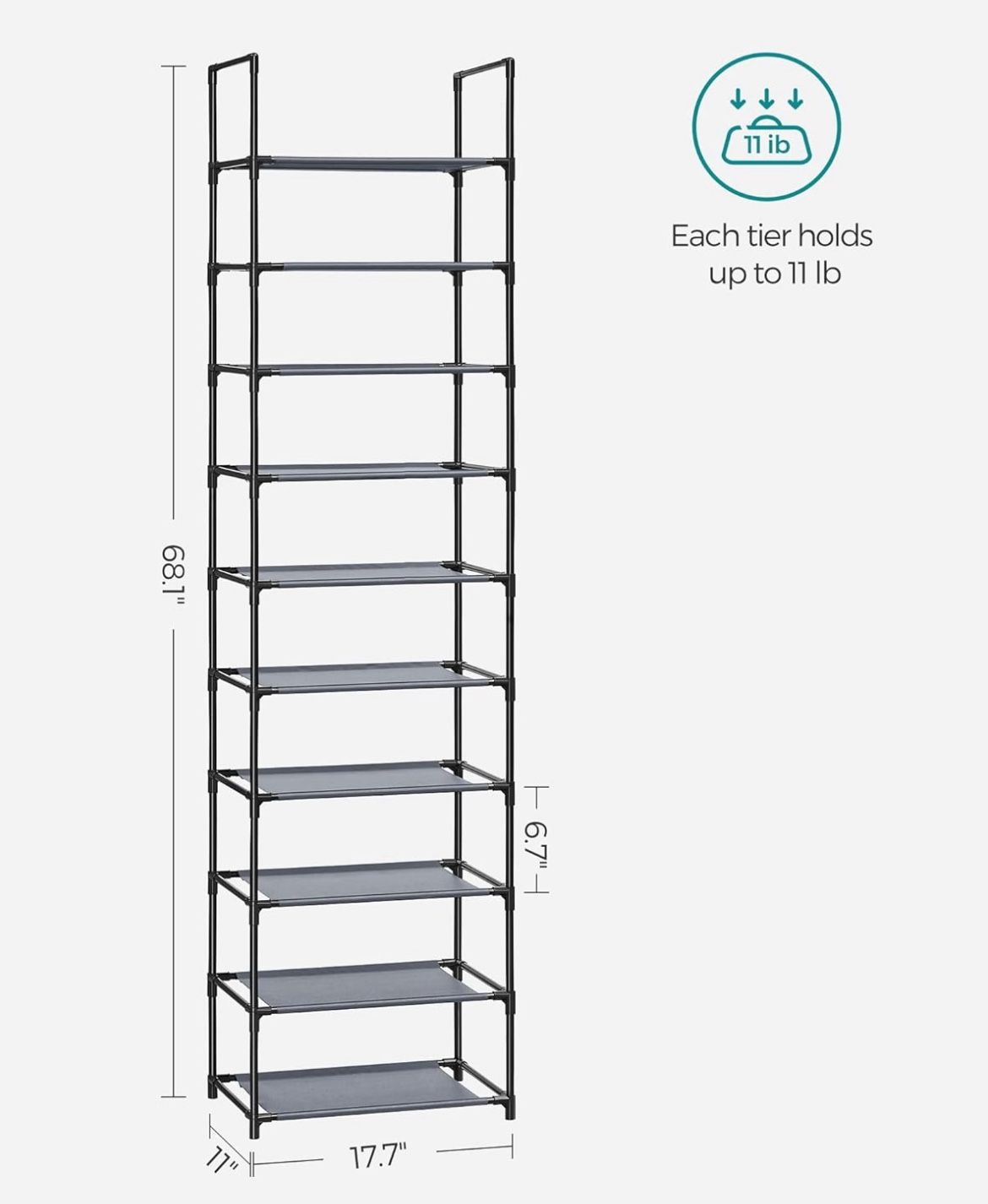 SONGMICS Shoe Rack 10 Tier Shoe Shelf Shoe Storage Organizer - Grey