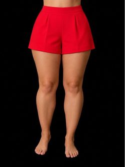 Red High-Waist Pleated Mini Shorts, 14 (XL)