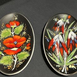 Made in Italy Wall Plaques Pair Black & Red Floral Porcelain Glazed Decoration