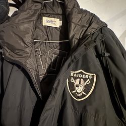 Vintage Raiders jacket with hood  chalk line label   Size Large   It’s been in storage 20+ years, it’s used but in fabulous condition