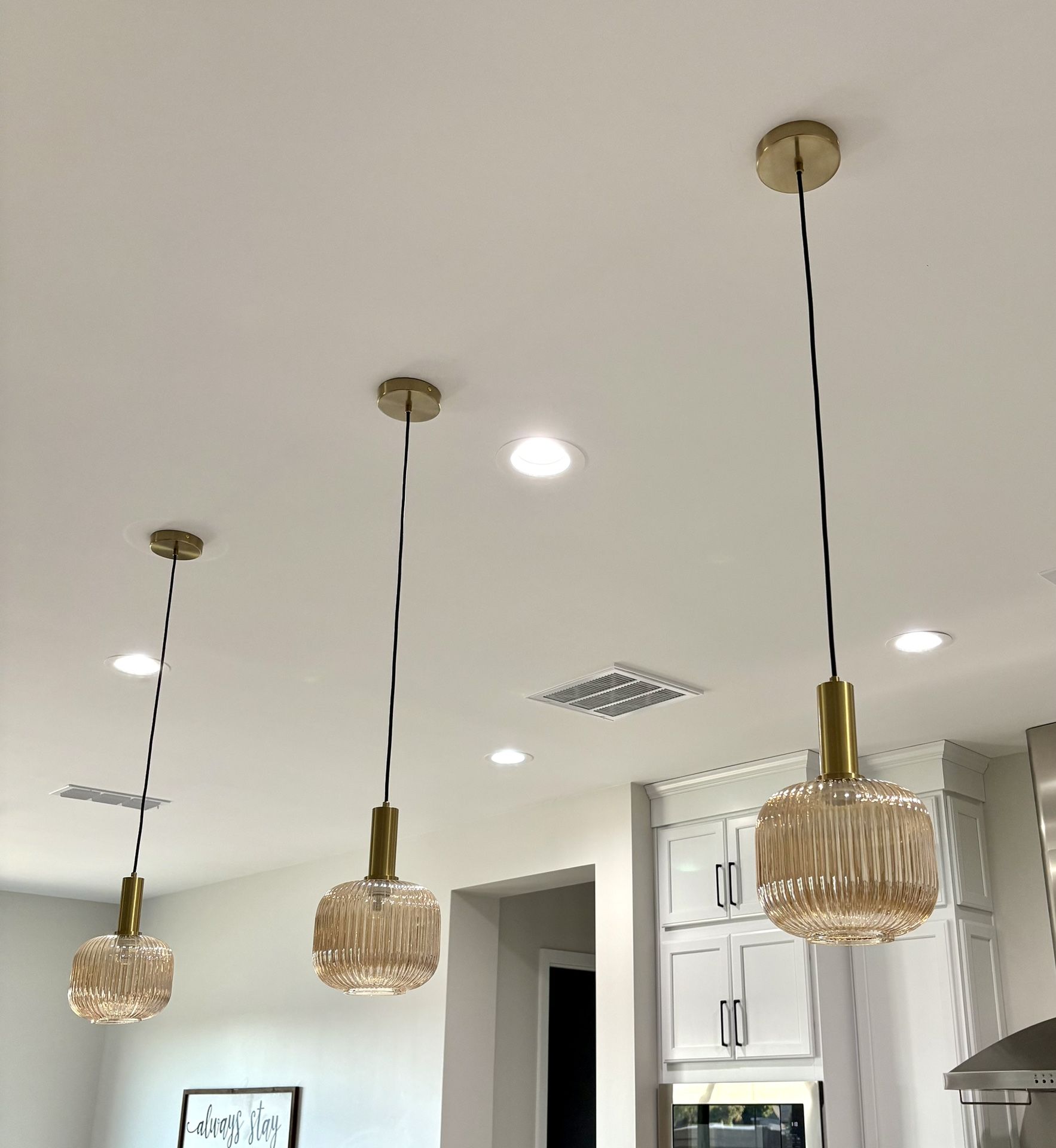 Set of 3 Modern Large Amber Glass Globe Pendant Light Fixture Brushed Brass Island Pendant