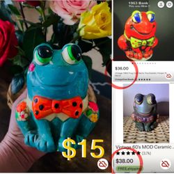 $15 Vintage 1967 Cute Frog 🐸 flowers 🌺 💐Bank ceramic
