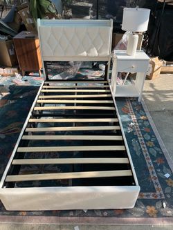White Upholstered Bed Frame with LED Headboard