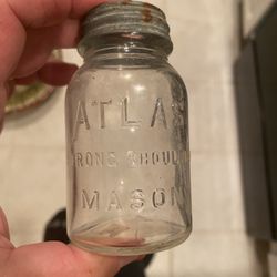 Vintage Atlas shoulder Mason mini  Coin Bank- zinc top