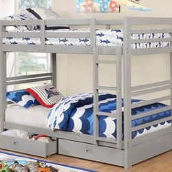 Brand New Grey Twin Bunk Bed w Trundle Drawers