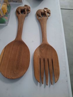 vintage wooden spoon and fork 12"inch tall, elephant handles