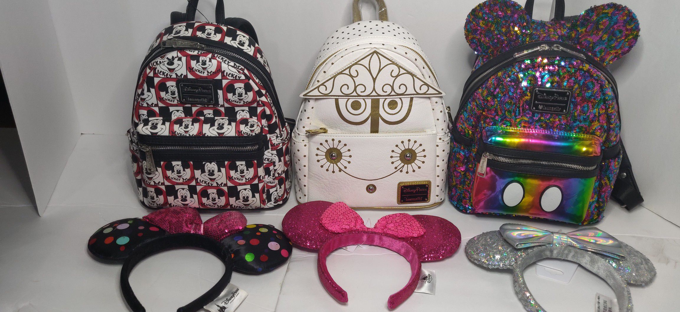 Disney loungefly collaboration mini backpack and Minnie mouse ears