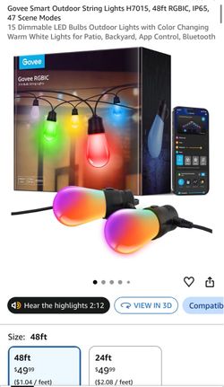 Govee Smart Outdoor String Lights H7015, 48ft RGBIC, IP65, 47 Scene Modes