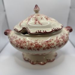 Cracker Barrel Red Floral Porcelain Transferware Lidded Soup Tureen And Ladle