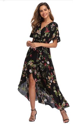 Women's Wrap V Neck Floral Summer Dresses High Low Casual Size M