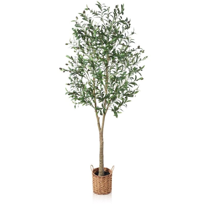 SOGUYI Artificial Olive Tree 6ft Tall Fake Plant, Faux Olive Tree Topiary Silk Trees With Handmade Woven Basket Planter, Artificial Faux Plants For H