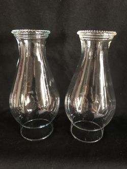 Set Of 2 Clear Glass Oil Lamp Hurricane Chimney Replacement Pair Beaded Top 3" Fitter 