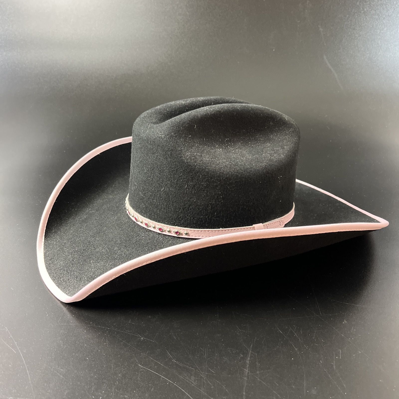 Cruel Womens Western Felt Cowboy Hat Black & Pink Trim Rhinestone Band SZ 6 5/8