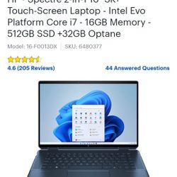 Hp 16" Specture 2in 1 With 3k Plus Touchscreen Laptop intel I7 16gb Memory With 512gb SSD Plus 32gb Obtane 