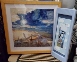 Framed handmade diamond art seaside and penguin