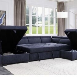 Brand New Elegant Navy Blue Pullout Sectional Sleeper W/ Storage 