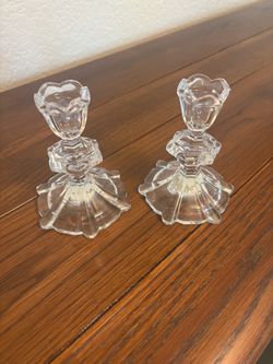 Clear Glass Crystal Candlestick Holders Pair