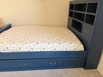 Cottage Colors Navy Full Bookcase Bed + Twin Storage Trundle — Like New (Mattress Included!)